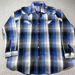 Rock 47 By Wrangler Shirt Womens XXL Blue Plaid Western Snap Button Long Sleeve